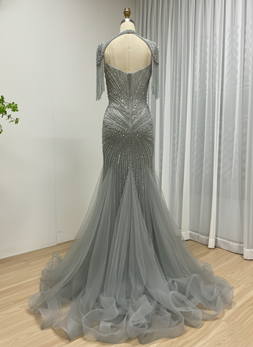 Luxury Beaded Mermaid Evening Gown - Pink Rhinestone Choker & Fringe Sleeves MC20101