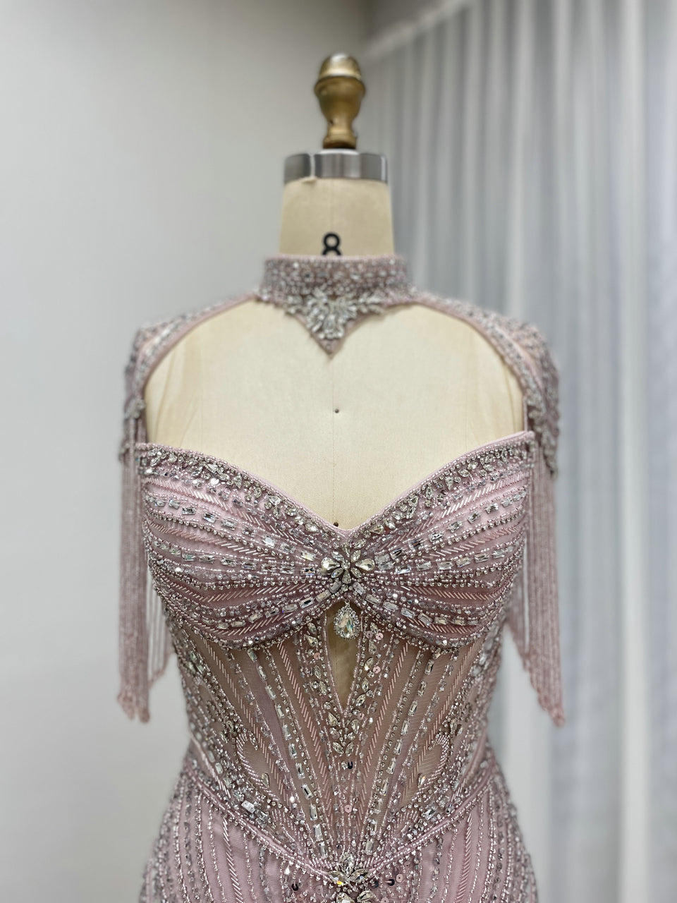 Luxury Beaded Mermaid Evening Gown - Pink Rhinestone Choker & Fringe Sleeves MC20101