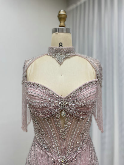 Luxury Beaded Mermaid Evening Gown - Pink Rhinestone Choker & Fringe Sleeves MC20101