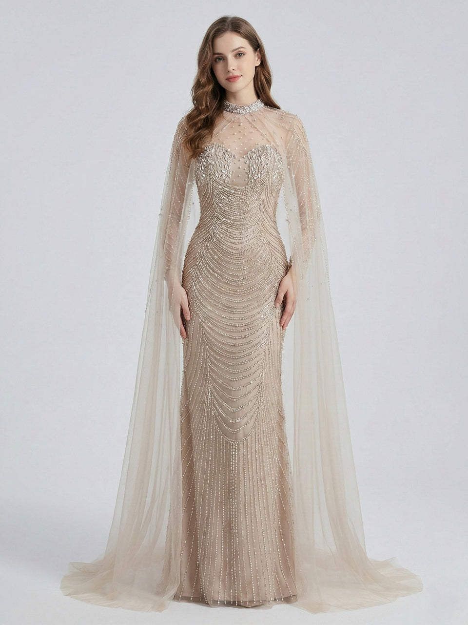 Luxury Beaded Mermaid Evening Gown with Sheer Illusion Cape - Champagne MC20102