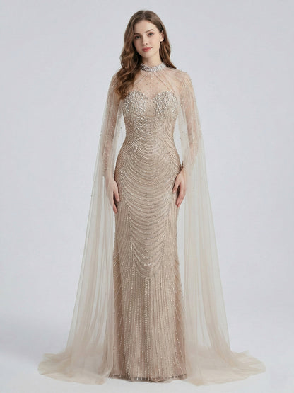 Luxury Beaded Mermaid Evening Gown with Sheer Illusion Cape - Champagne MC20102