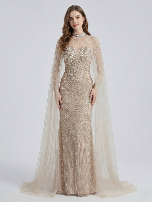 Luxury Beaded Mermaid Evening Gown with Sheer Illusion Cape - Champagne MC20102