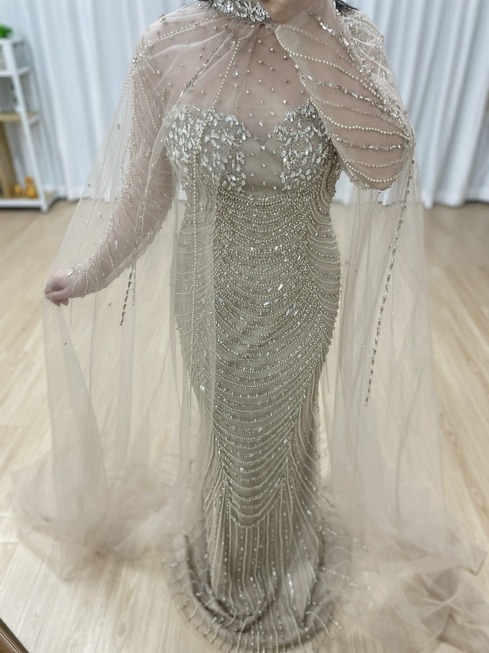 Luxury Beaded Mermaid Evening Gown with Sheer Illusion Cape - Champagne MC20102