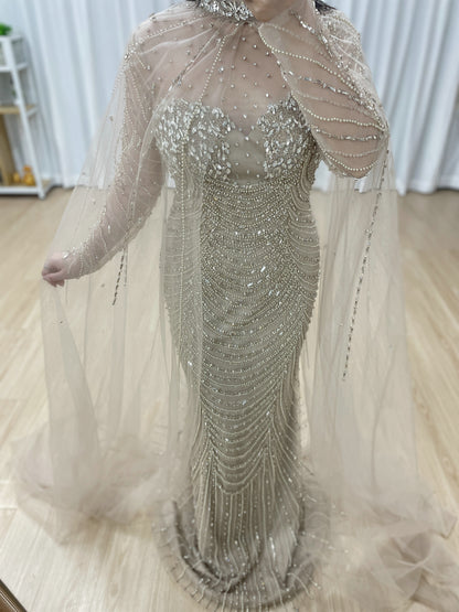 Luxury Beaded Mermaid Evening Gown with Sheer Illusion Cape - Champagne MC20102
