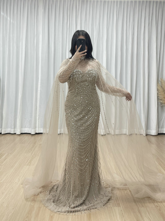 Luxury Beaded Mermaid Evening Gown with Sheer Illusion Cape - Champagne MC20102