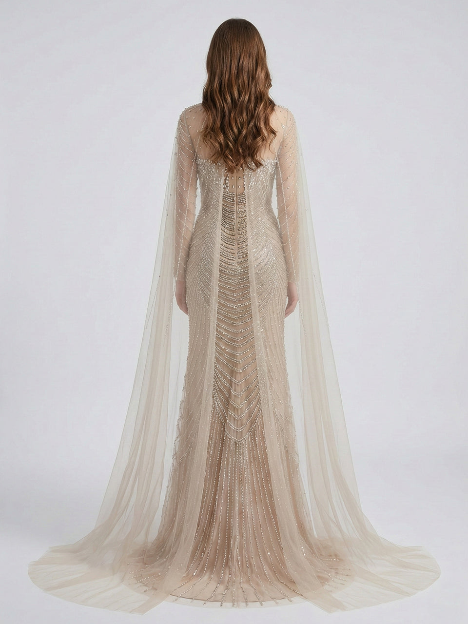 Luxury Beaded Mermaid Evening Gown with Sheer Illusion Cape - Champagne MC20102