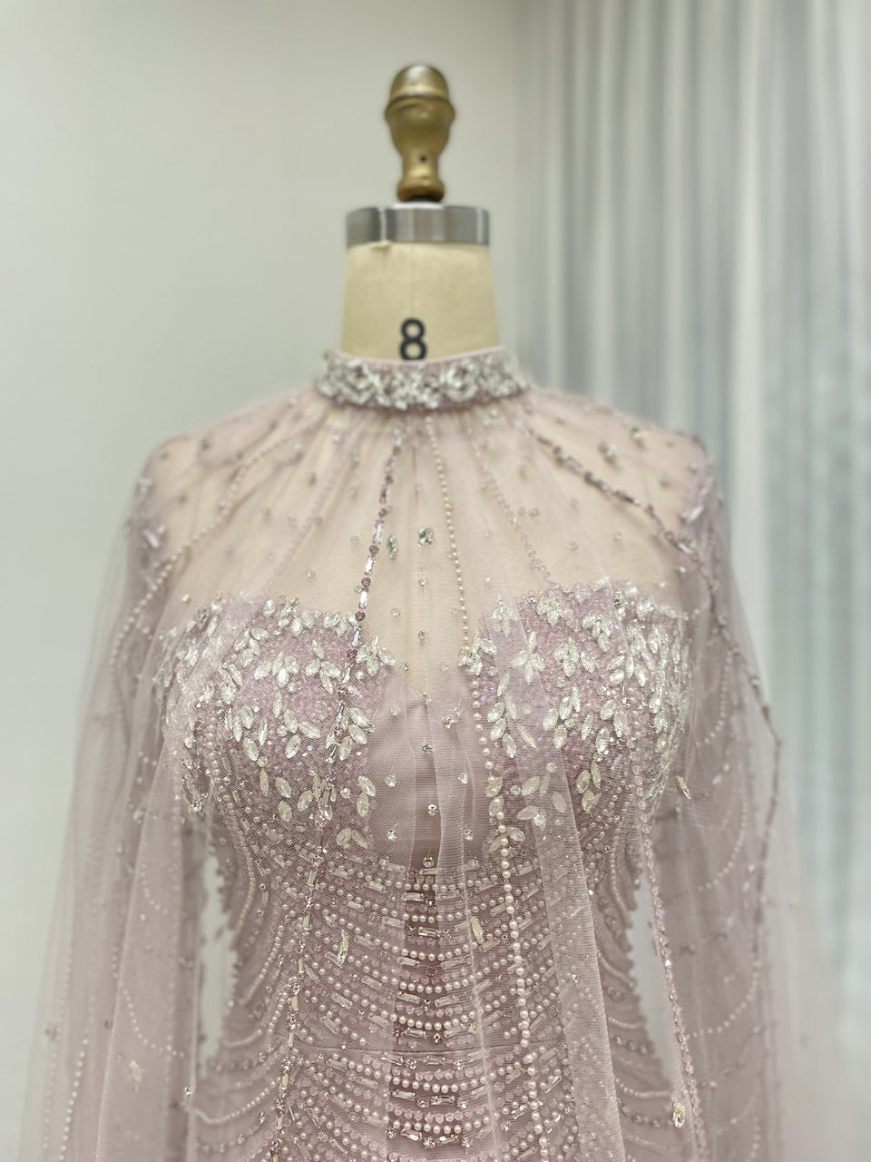 Luxury Beaded Mermaid Evening Gown with Sheer Illusion Cape - Champagne MC20102