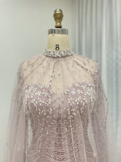 Luxury Beaded Mermaid Evening Gown with Sheer Illusion Cape - Champagne MC20102