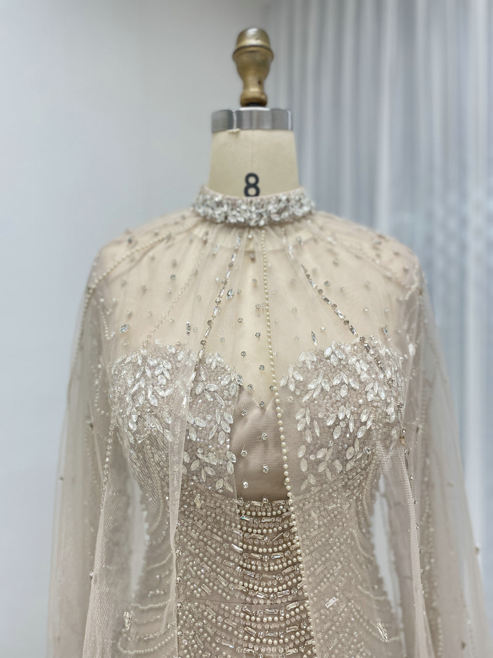 Luxury Beaded Mermaid Evening Gown with Sheer Illusion Cape - Champagne MC20102