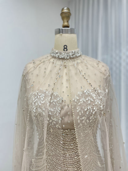 Luxury Beaded Mermaid Evening Gown with Sheer Illusion Cape - Champagne MC20102