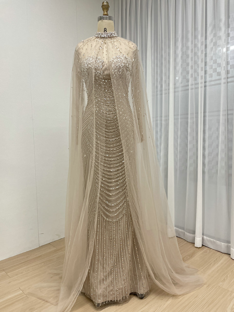 Luxury Beaded Mermaid Evening Gown with Sheer Illusion Cape - Champagne MC20102