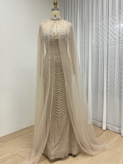 Luxury Beaded Mermaid Evening Gown with Sheer Illusion Cape - Champagne MC20102