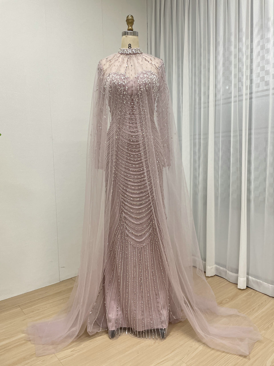 Luxury Beaded Mermaid Evening Gown with Sheer Illusion Cape - Champagne MC20102