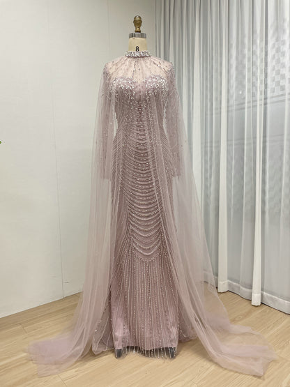 Luxury Beaded Mermaid Evening Gown with Sheer Illusion Cape - Champagne MC20102