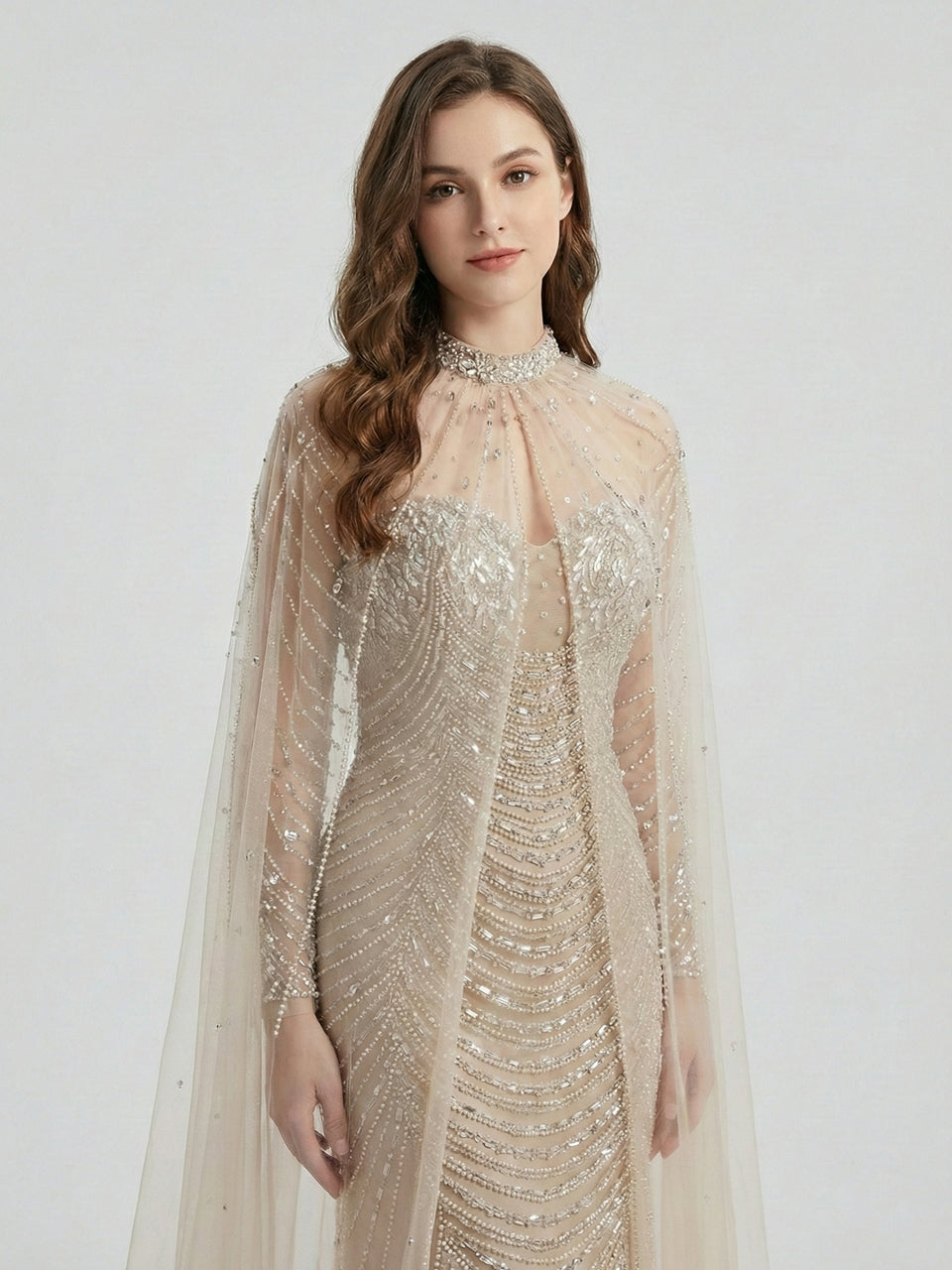 Luxury Beaded Mermaid Evening Gown with Sheer Illusion Cape - Champagne MC20102