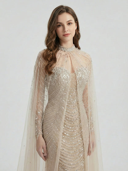Luxury Beaded Mermaid Evening Gown with Sheer Illusion Cape - Champagne MC20102