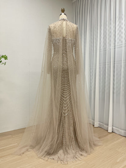 Luxury Beaded Mermaid Evening Gown with Sheer Illusion Cape - Champagne MC20102