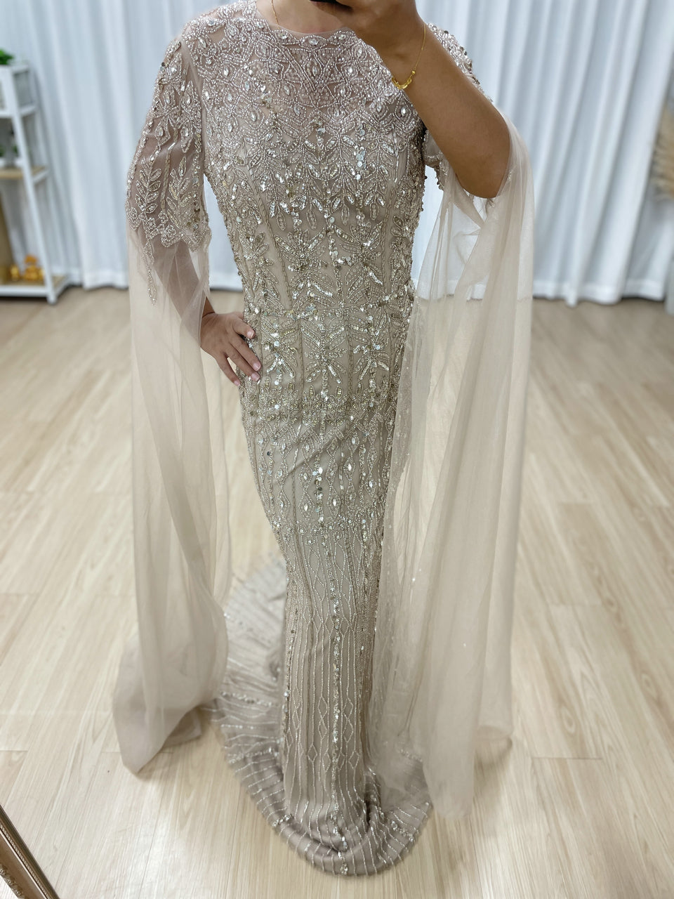 Luxury Champagne Beaded Evening Gown with Dramatic Cape Sleeves MC20103