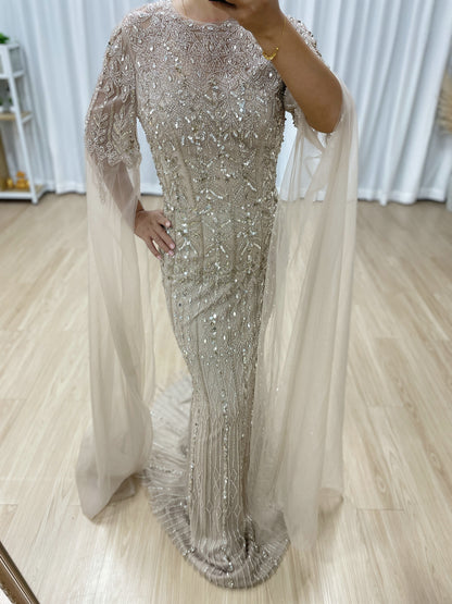 Luxury Champagne Beaded Evening Gown with Dramatic Cape Sleeves MC20103