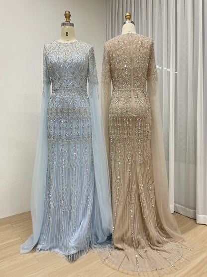 Luxury Champagne Beaded Evening Gown with Dramatic Cape Sleeves MC20103