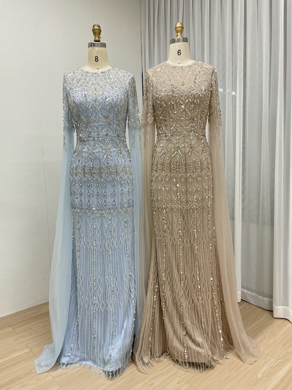 Luxury Champagne Beaded Evening Gown with Dramatic Cape Sleeves MC20103