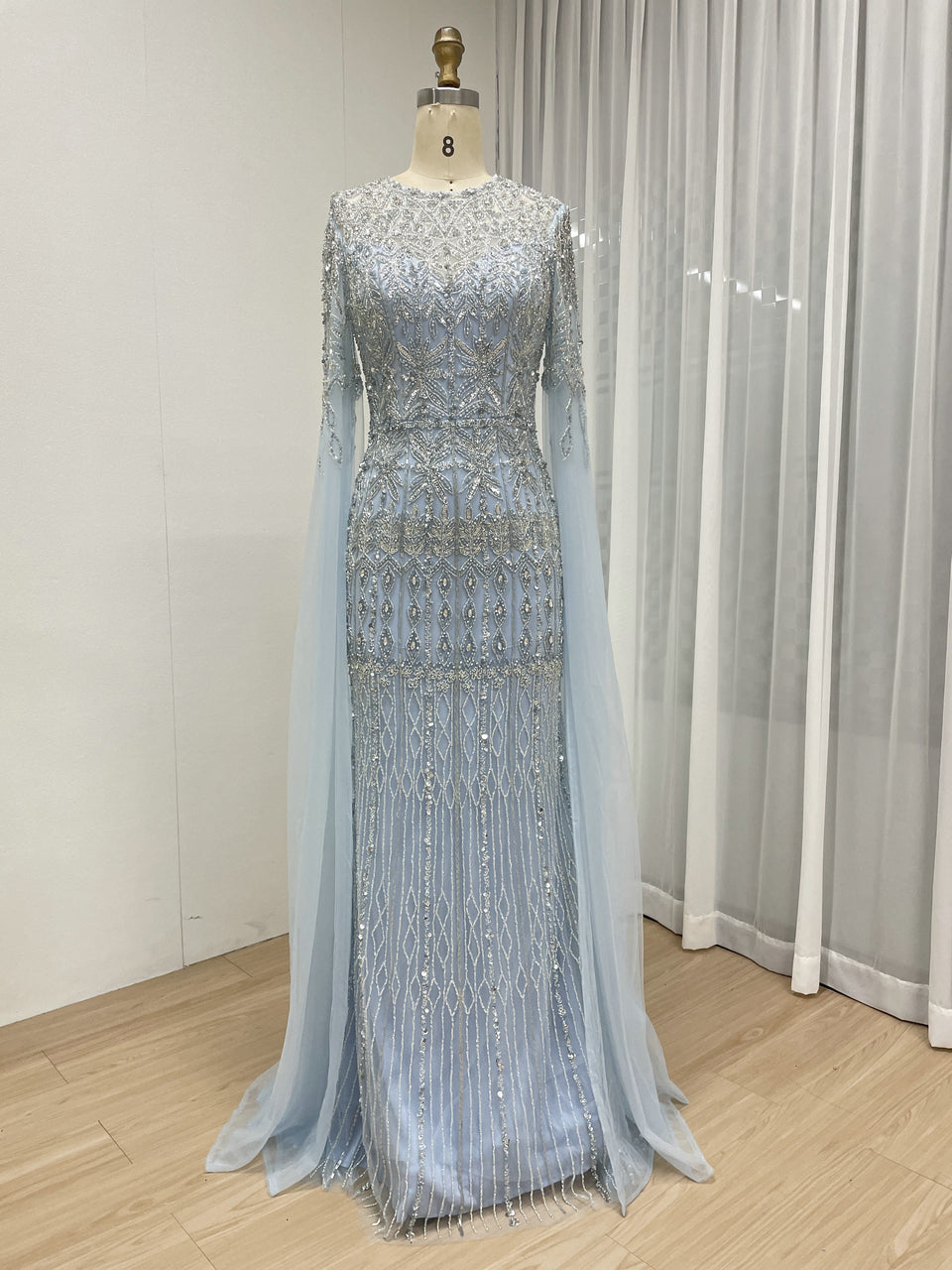 Luxury Champagne Beaded Evening Gown with Dramatic Cape Sleeves MC20103