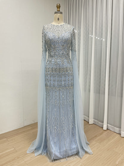 Luxury Champagne Beaded Evening Gown with Dramatic Cape Sleeves MC20103