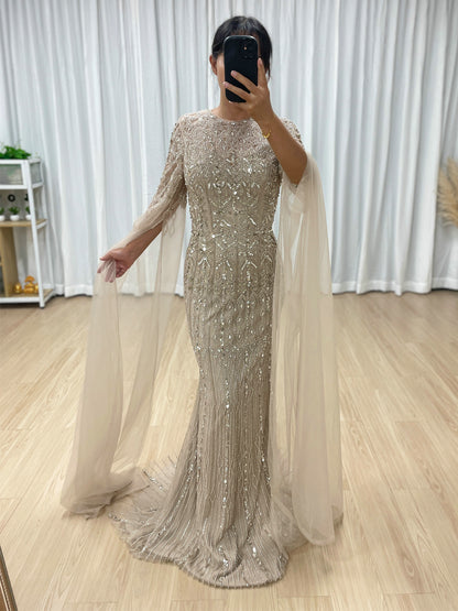 Luxury Champagne Beaded Evening Gown with Dramatic Cape Sleeves MC20103