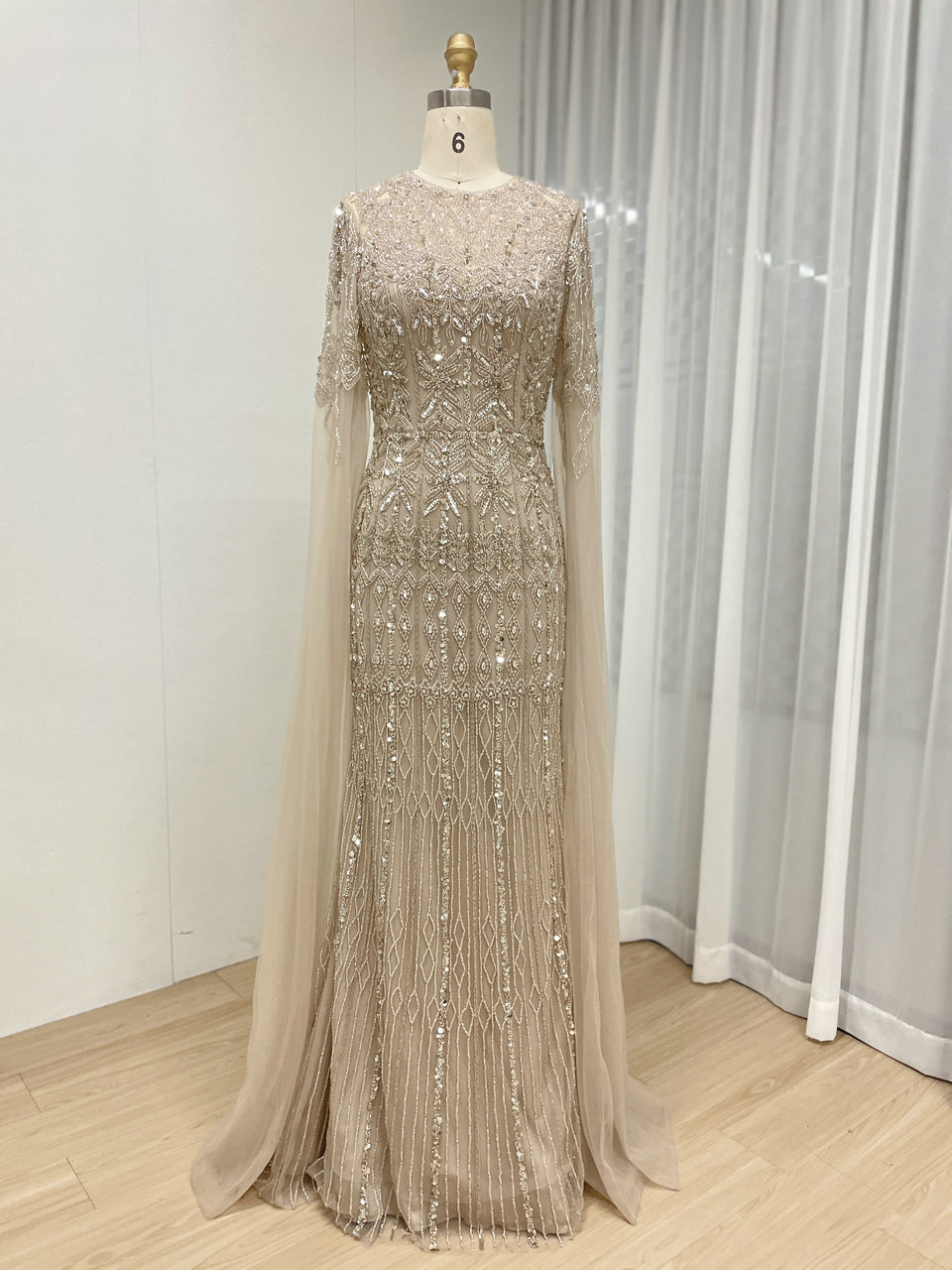 Luxury Champagne Beaded Evening Gown with Dramatic Cape Sleeves MC20103