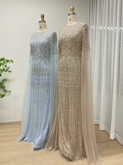 Luxury Champagne Beaded Evening Gown with Dramatic Cape Sleeves MC20103