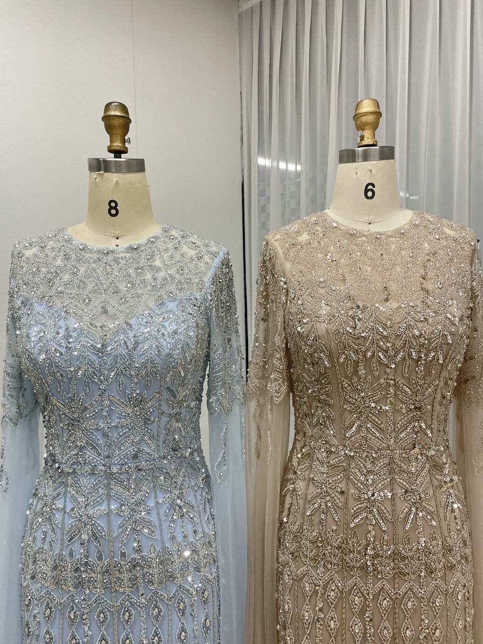 Luxury Champagne Beaded Evening Gown with Dramatic Cape Sleeves MC20103