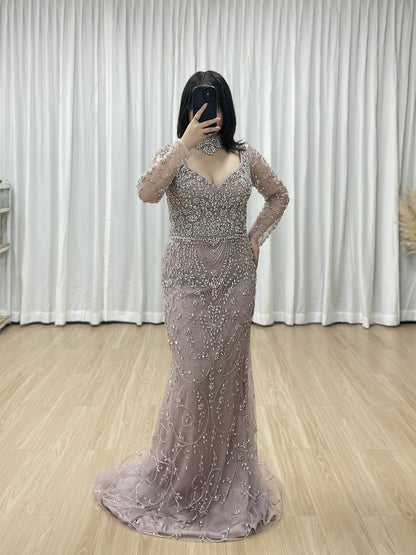 Elegant Handmade Beaded Evening Gown Long Sleeves Luxury Formal Dress for Parties MC20106
