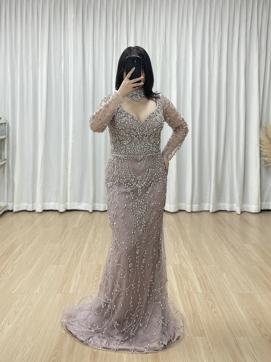 Elegant Handmade Beaded Evening Gown Long Sleeves Luxury Formal Dress for Parties MC20106