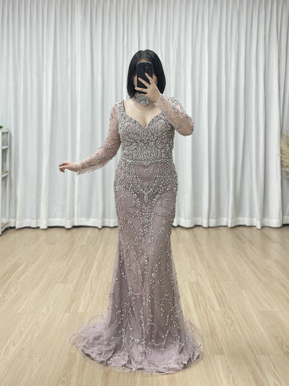 Elegant Handmade Beaded Evening Gown Long Sleeves Luxury Formal Dress for Parties MC20106