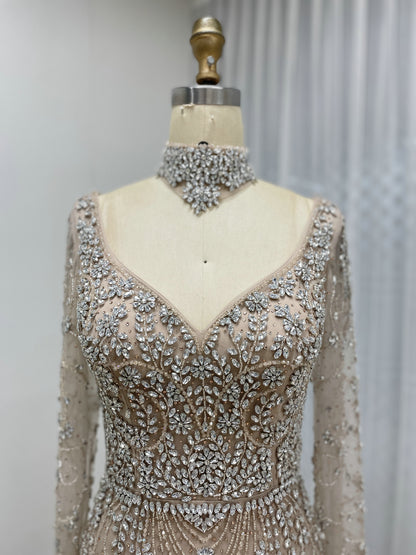 Elegant Handmade Beaded Evening Gown Long Sleeves Luxury Formal Dress for Parties MC20106