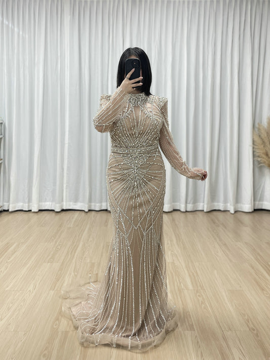 Luxury Champagne High Neck Beaded Evening Gown Crystal Long Sleeve Formal Dress MC20107