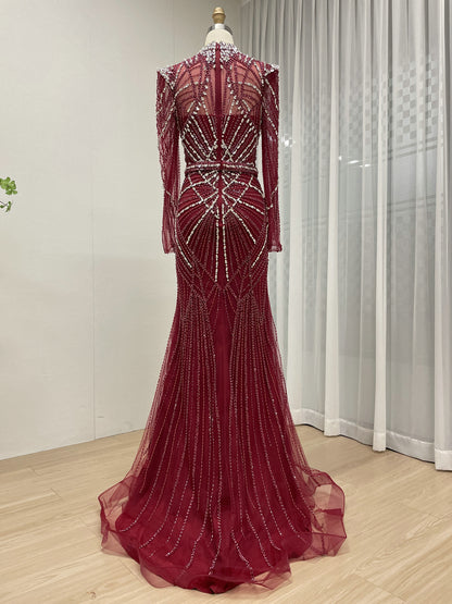 Luxury Champagne High Neck Beaded Evening Gown Crystal Long Sleeve Formal Dress MC20107