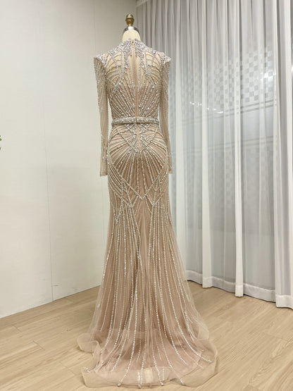 Luxury Champagne High Neck Beaded Evening Gown Crystal Long Sleeve Formal Dress MC20107