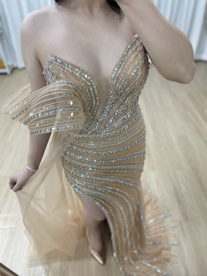 Champagne Beaded One-Shoulder Formal Gown with Architectural Detail & High Slit MC20109