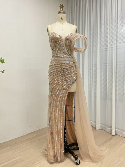 Champagne Beaded One-Shoulder Formal Gown with Architectural Detail & High Slit MC20109