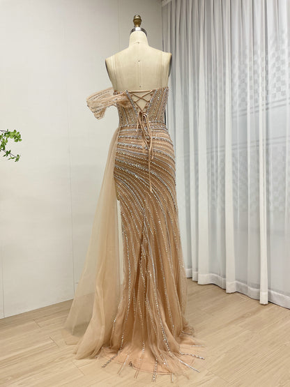Champagne Beaded One-Shoulder Formal Gown with Architectural Detail & High Slit MC20109