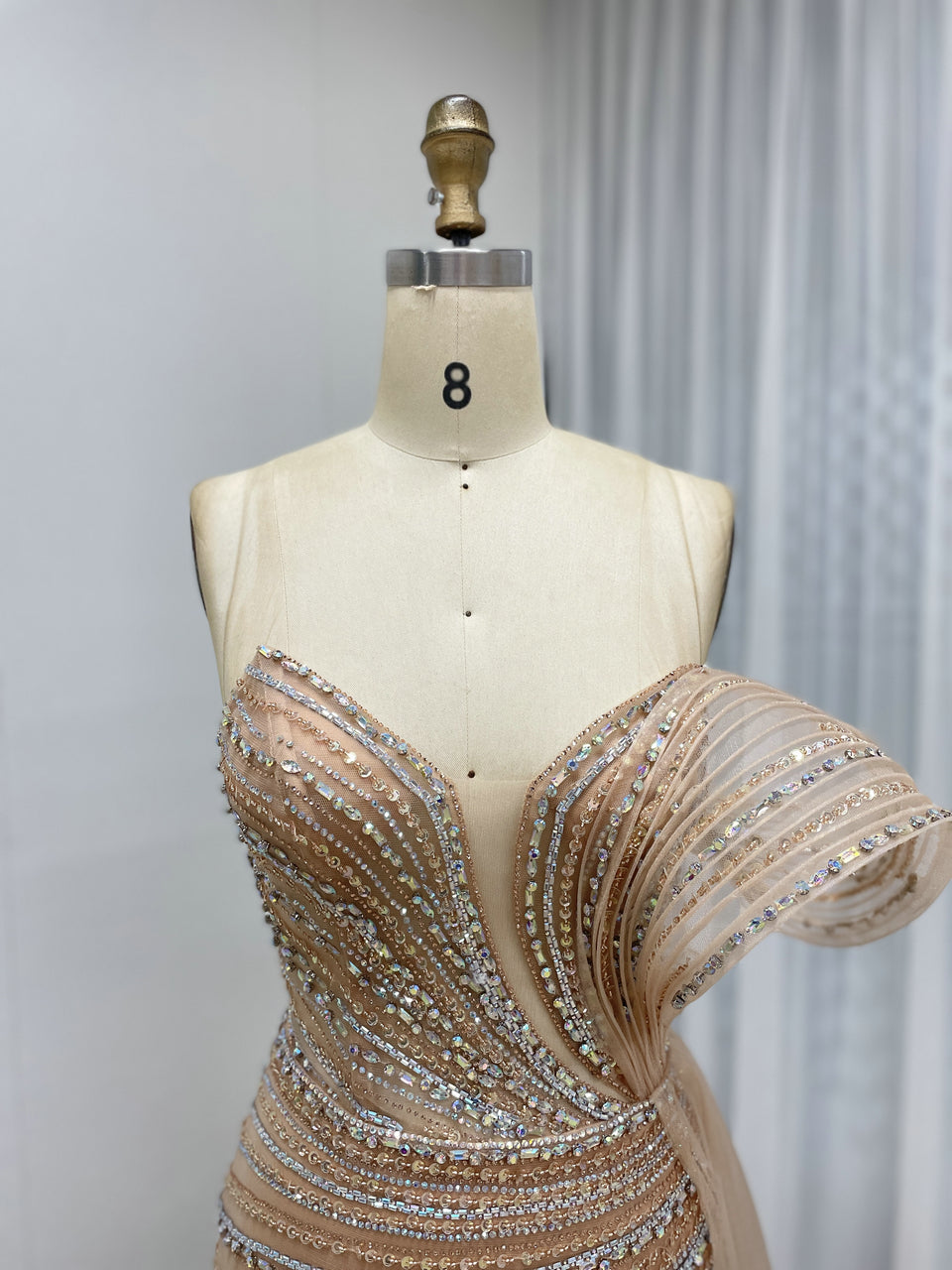 Champagne Beaded One-Shoulder Formal Gown with Architectural Detail & High Slit MC20109