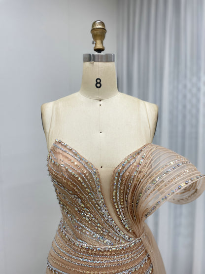 Champagne Beaded One-Shoulder Formal Gown with Architectural Detail & High Slit MC20109