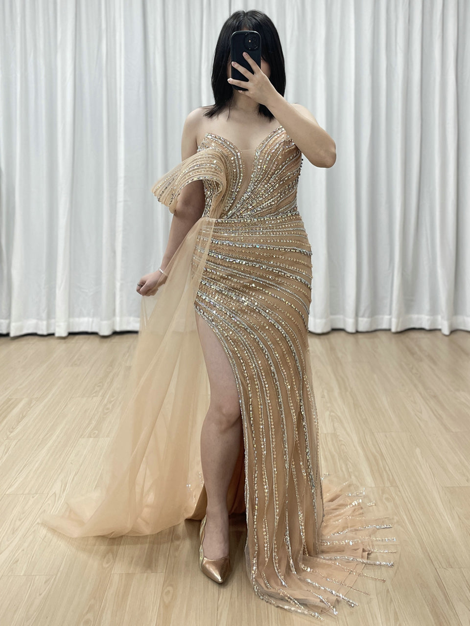 Champagne Beaded One-Shoulder Formal Gown with Architectural Detail & High Slit MC20109