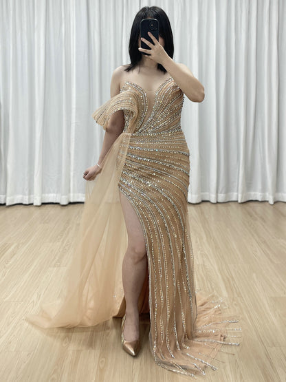 Champagne Beaded One-Shoulder Formal Gown with Architectural Detail & High Slit MC20109