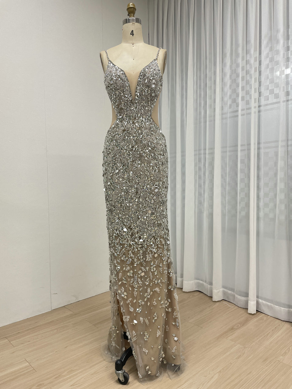 Sexy Silver Cutout Gown Beaded Mermaid Dress Illusion Mesh Maxi Dress MC20110