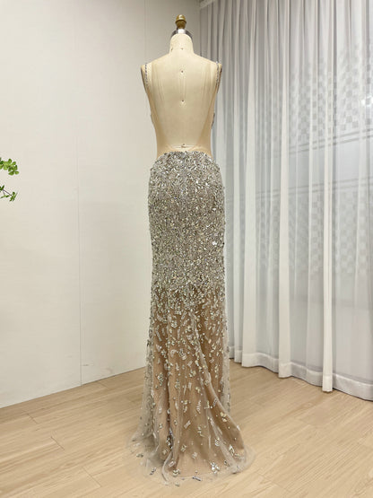 Sexy Silver Cutout Gown Beaded Mermaid Dress Illusion Mesh Maxi Dress MC20110