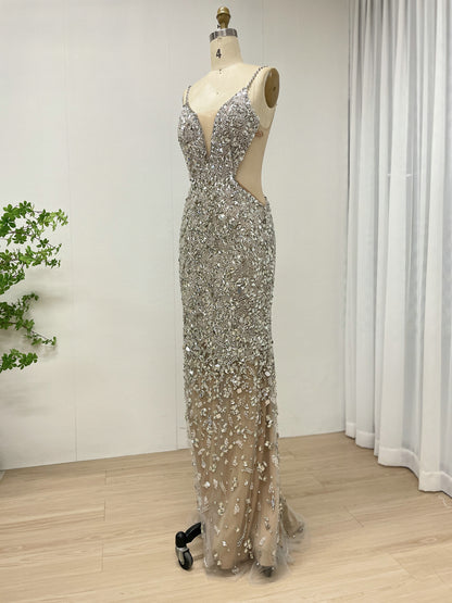 Sexy Silver Cutout Gown Beaded Mermaid Dress Illusion Mesh Maxi Dress MC20110