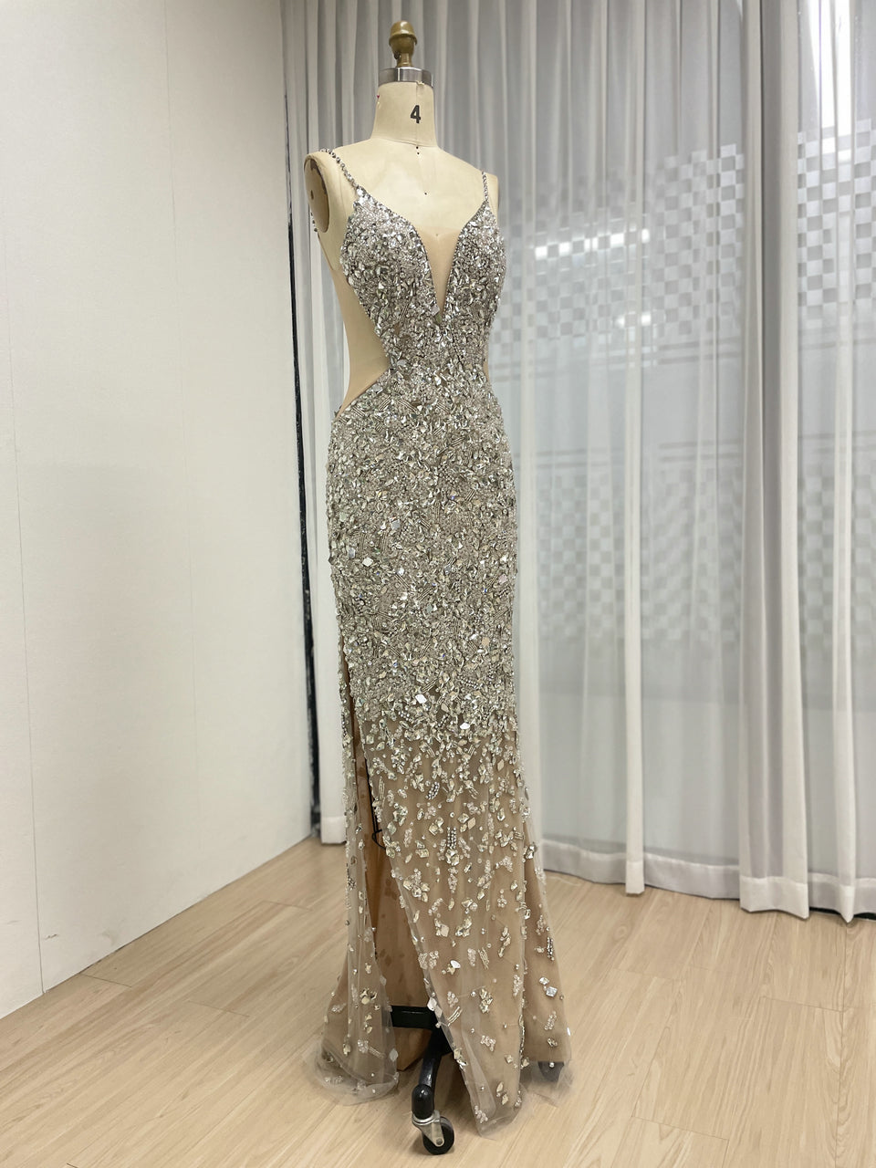 Sexy Silver Cutout Gown Beaded Mermaid Dress Illusion Mesh Maxi Dress MC20110