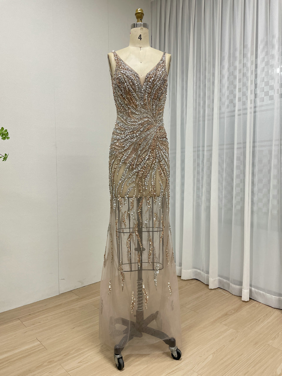 Gold Beaded Mermaid Evening Gown - V-Neck Illusion Mesh Formal Dress MC20111